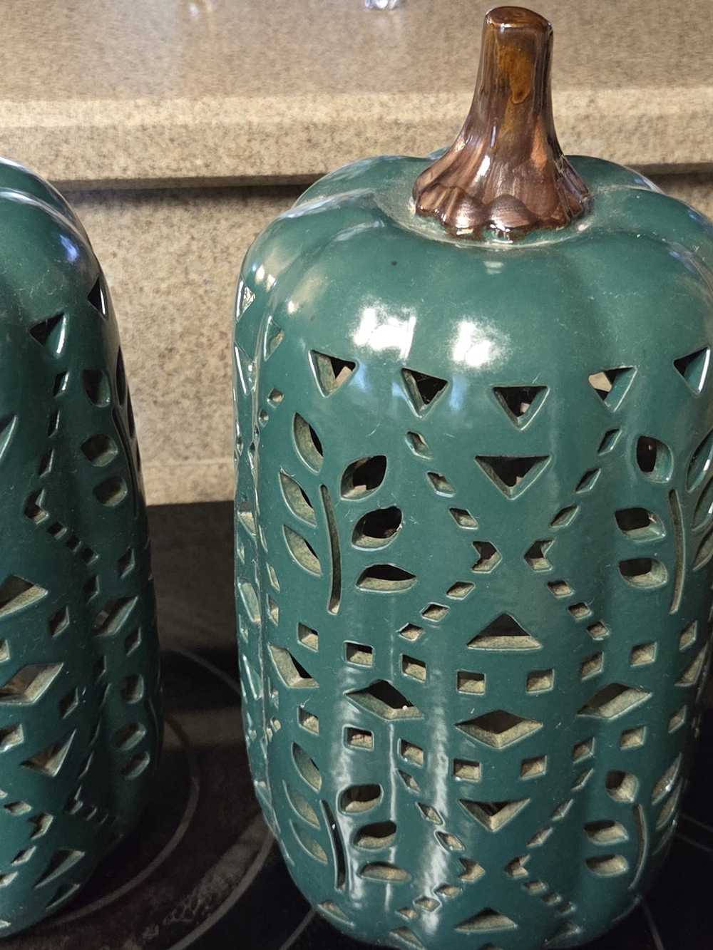 Source Unknown Teal Ceramic Lantern with Brown Stem Accent